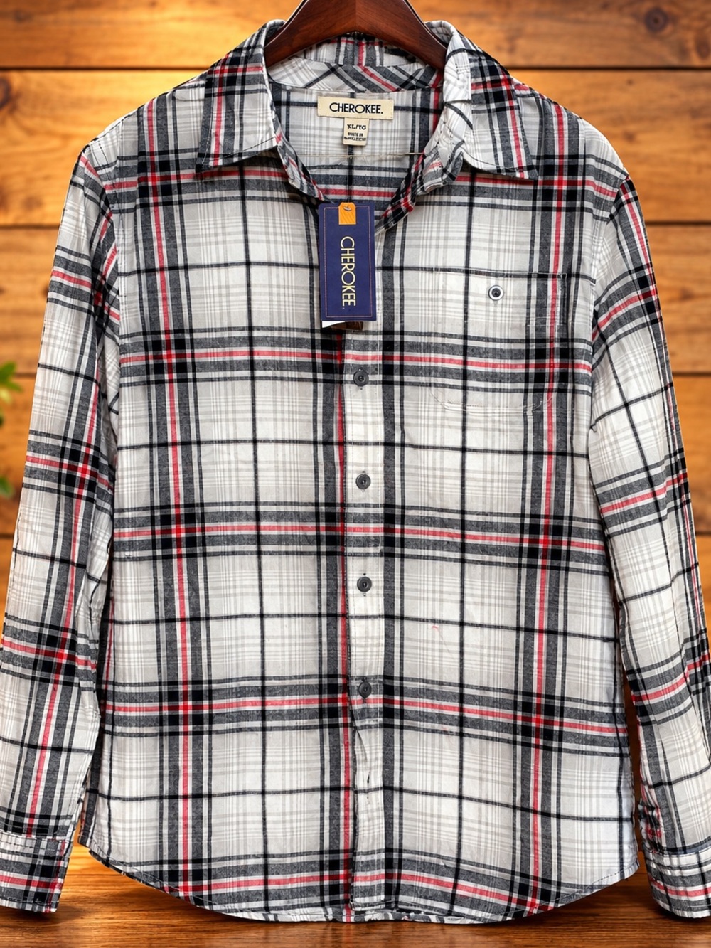Cherokee White Plaid Button-Down Shirt with Black & Red Accents NWT